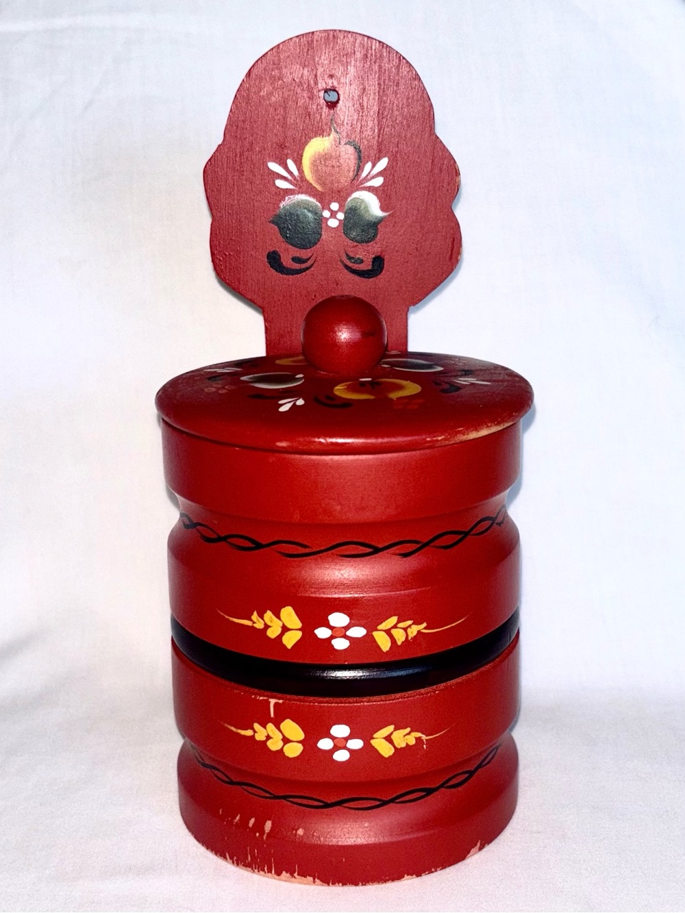 Vintage Norwegian Rosemaling Folk Art Painted Wood Wall Salt Box Storage Jar